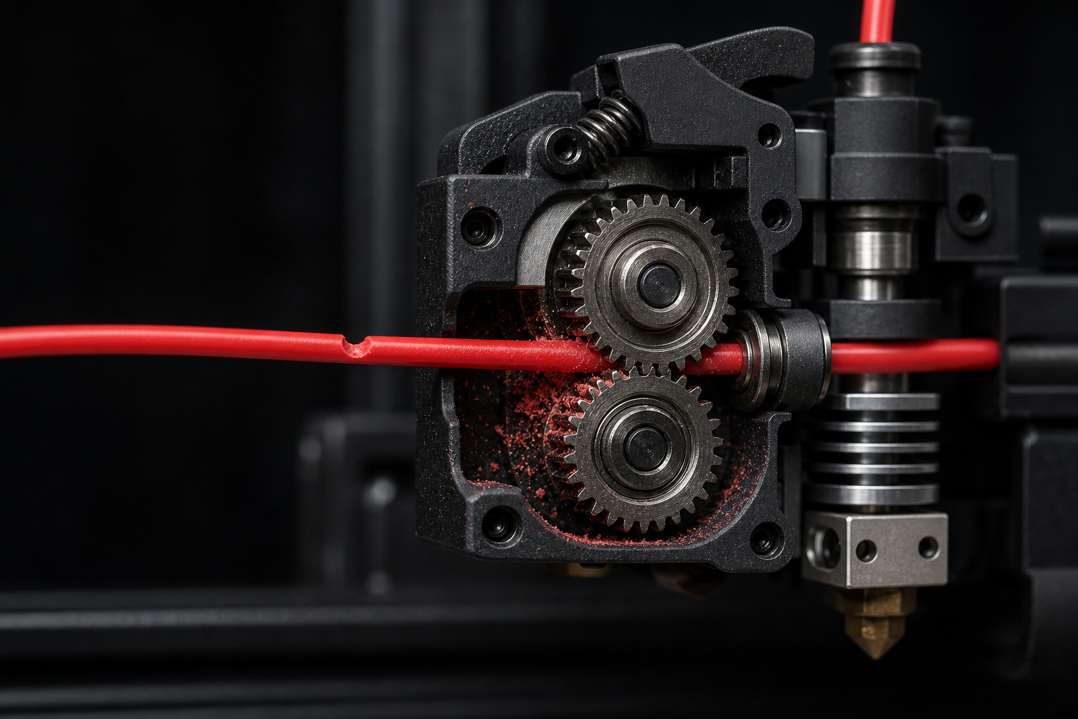 Close-up of a dual-drive 3D printer extruder grinding a red filament strand, with a visible notch and plastic shavings at the drive gears.