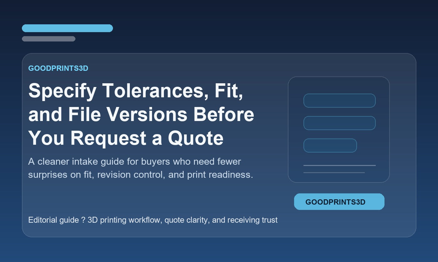 Branded GoodPrints3D image for a guide about tolerances, fit, and file versions before a custom 3D printing quote.