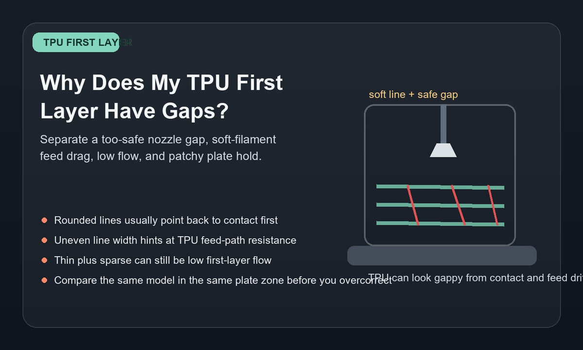 Illustration of a TPU first layer with visible gaps between soft lines on a build plate, showing a slightly too-high nozzle gap and flexible-filament feed inconsistency.