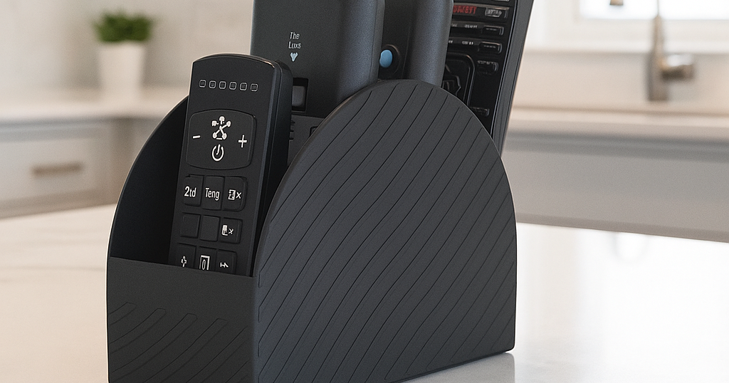 3D printed remote control holder organizer with divided compartments for remotes and everyday desk items
