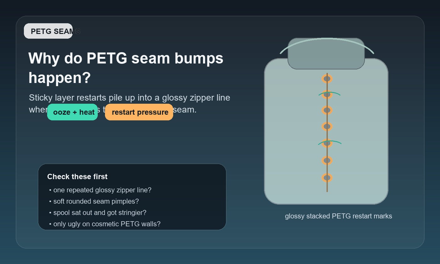 Illustration of a glossy PETG print wall with a repeated zipper-like seam line and stacked rounded seam bumps.