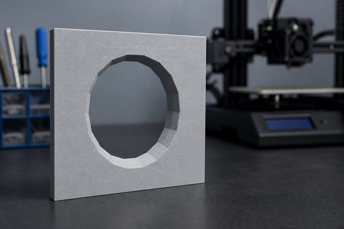 Gray FDM calibration plate with a circular opening visibly divided into straight polygonal facets
