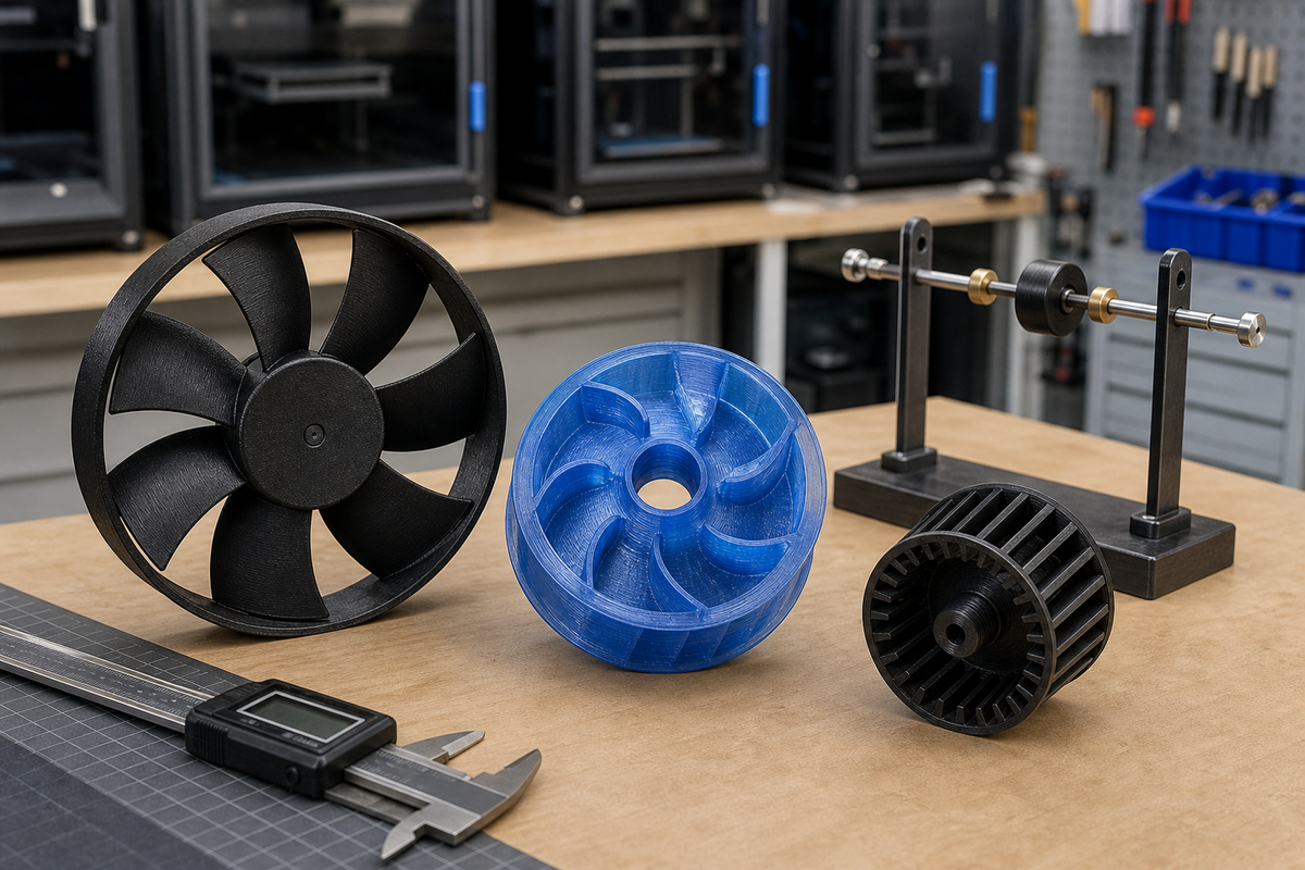 Black and blue 3D printed axial fan blade and centrifugal impellers with a digital caliper and balancing stand on a print-farm workshop bench.