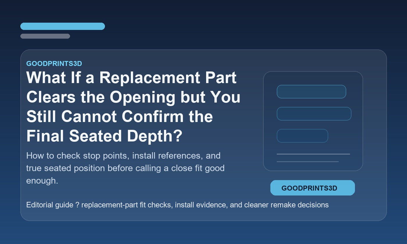 Branded GoodPrints3D article image for a guide about a replacement part that clears the opening but still has uncertain final seated depth.