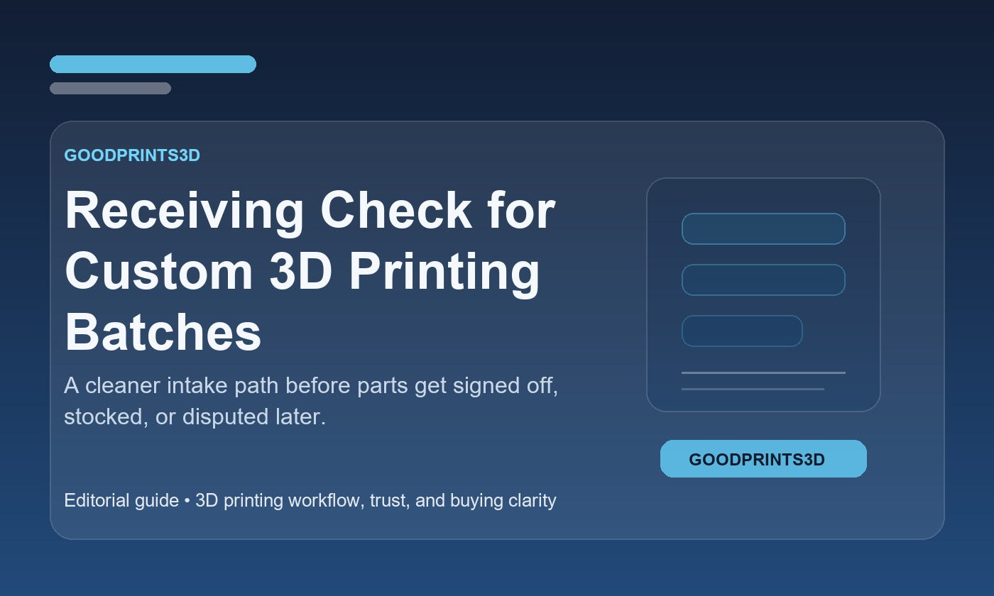 Branded GoodPrints3D article image for a guide about what receiving should check when a custom 3D printing batch arrives.