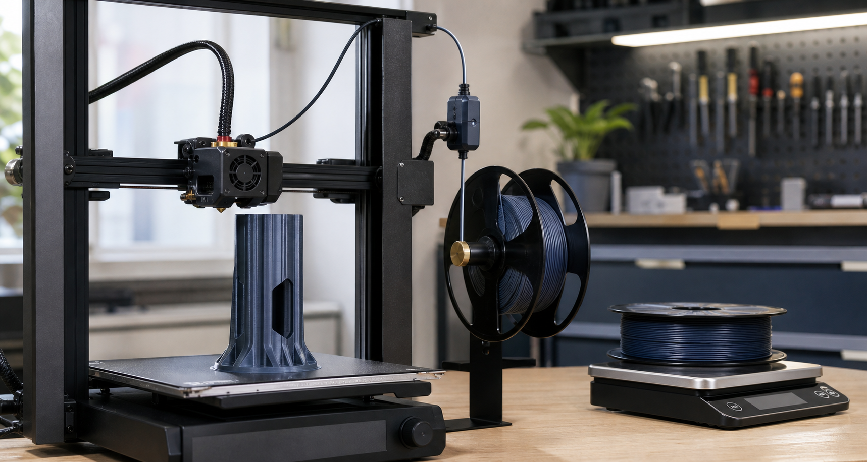 Filament runout sensor on a 3D printer compared with a filament spool resting on a digital scale