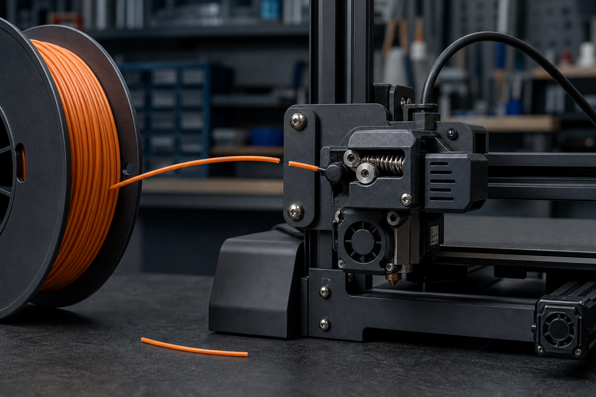 Orange 3D printer filament visibly snapped between its spool and the extruder inlet, with a short broken piece on the workbench.