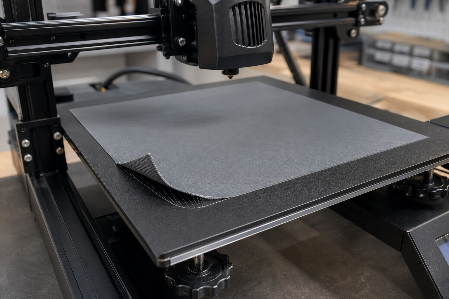 Large gray FDM first layer lifting from one corner of a black textured build plate while the rest remains flat