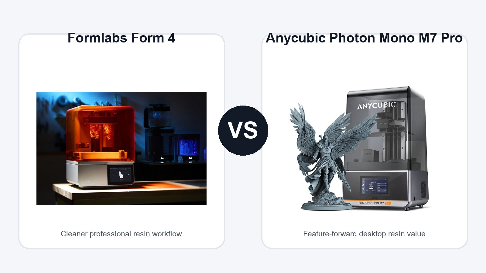 Formlabs Form 4 and Anycubic Photon Mono M7 Pro resin 3D printer comparison hero image