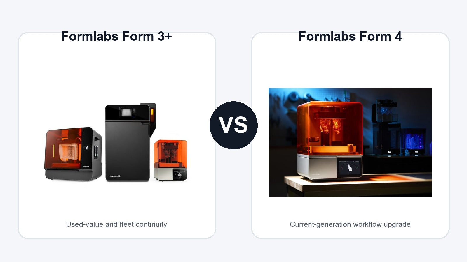 Formlabs Form 3 Plus and Formlabs Form 4 resin 3D printer comparison hero image