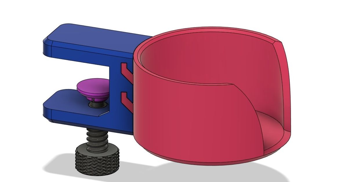 3D printed desk cup holder clamp mounted to the edge of a desk