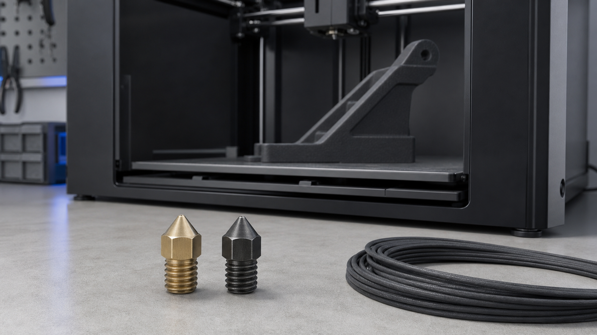 Brass and hardened-steel 3D printer nozzles beside glass-fiber-filled filament and a printed bracket