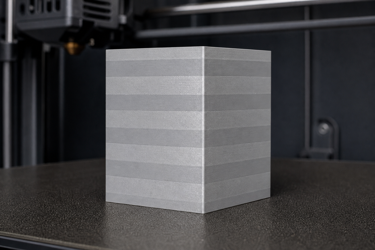 Light gray FDM calibration block with alternating glossy and matte horizontal bands on its side walls