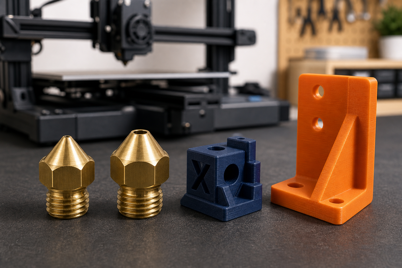 0.4 mm and 0.6 mm 3D printer nozzles beside detailed and large functional test parts