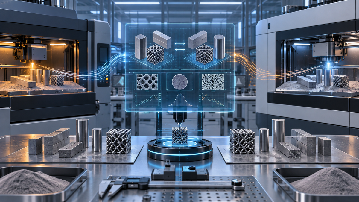 Conceptual editorial illustration of two metal 3D printers producing matching test coupons for shared qualification data