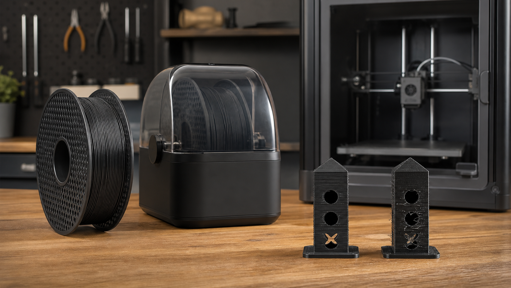 ASA filament spool beside a filament dryer, enclosed 3D printer, and clean-versus-stringy diagnostic prints