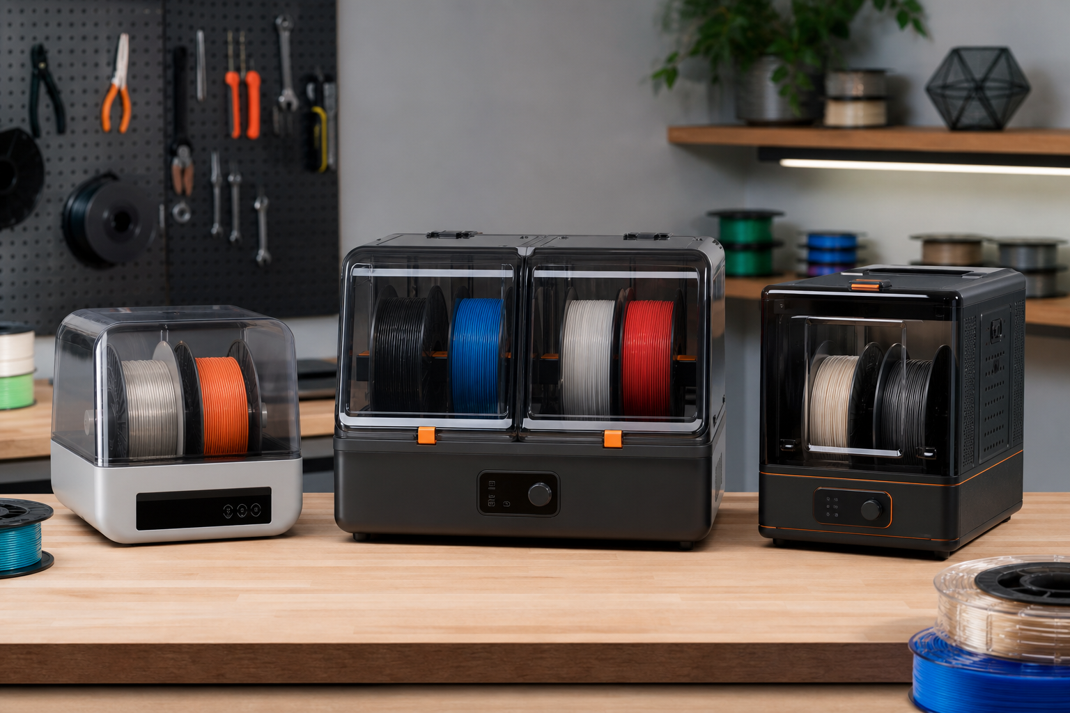 Three filament dryer formats for PETG and TPU: four-spool, dual-spool, and high-temperature models