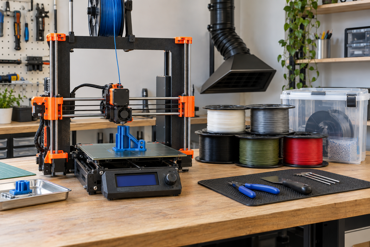 Open-frame Cartesian 3D printer making a blue functional bracket beside unbranded filament spools, a dry box and local exhaust
