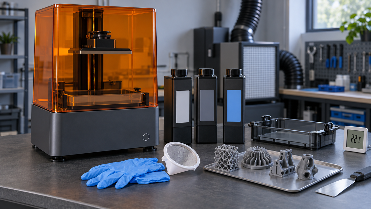 Professional covered resin 3D printer beside sealed cartridges, a spare resin tank, gloves, filter, cured engineering parts, and a 22 C thermometer