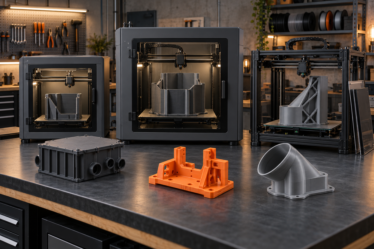 Three unbranded enclosed and open CoreXY 3D printer alternatives beside a gray electrical enclosure, orange assembly fixture, and duct adapter
