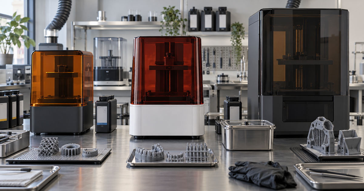 Three unbranded covered professional resin 3D printer alternatives in a ventilated engineering lab beside cured technical and dental test parts