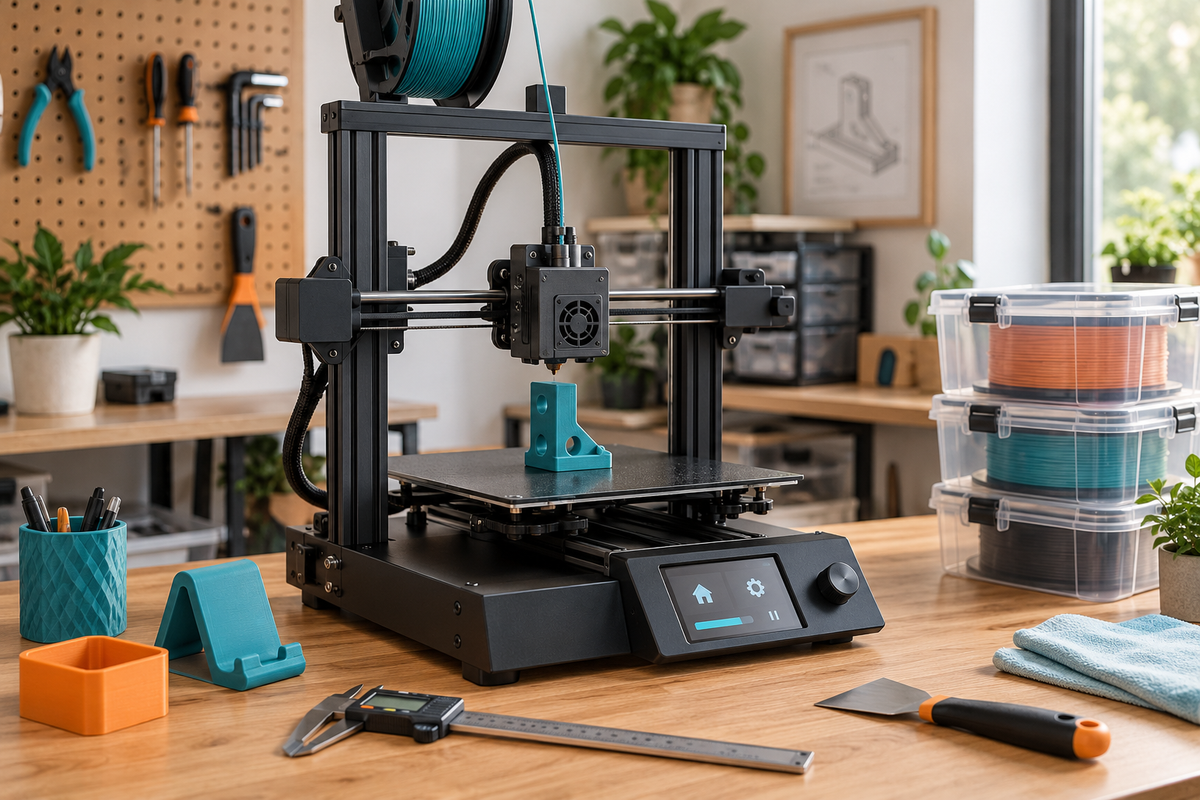 Approachable unbranded desktop FDM printer making a functional bracket in a clean beginner workshop