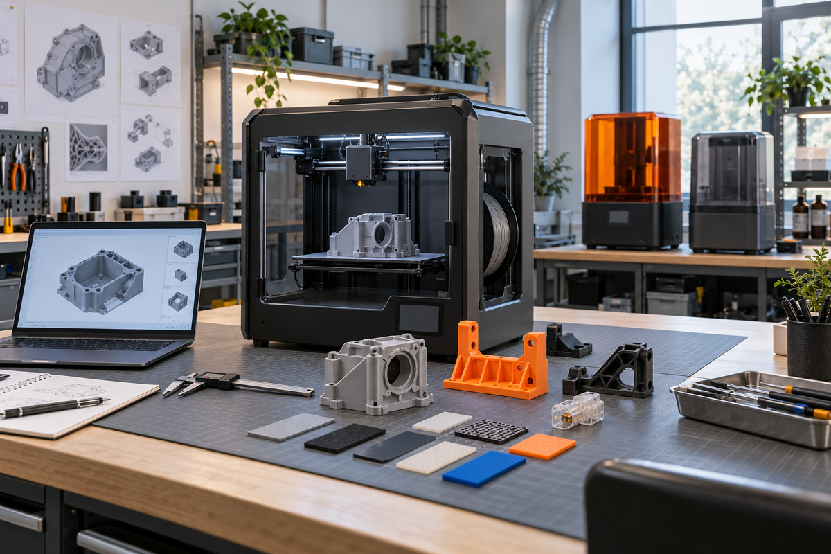 Engineering prototyping lab with an enclosed filament printer, closed resin workflow, CAD model, calipers and functional test parts