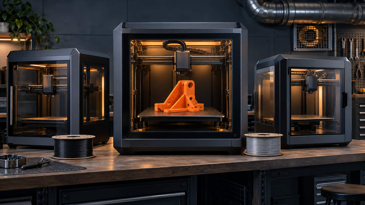 Three enclosed desktop 3D printers with black and gray ABS and ASA filament spools and an orange functional bracket