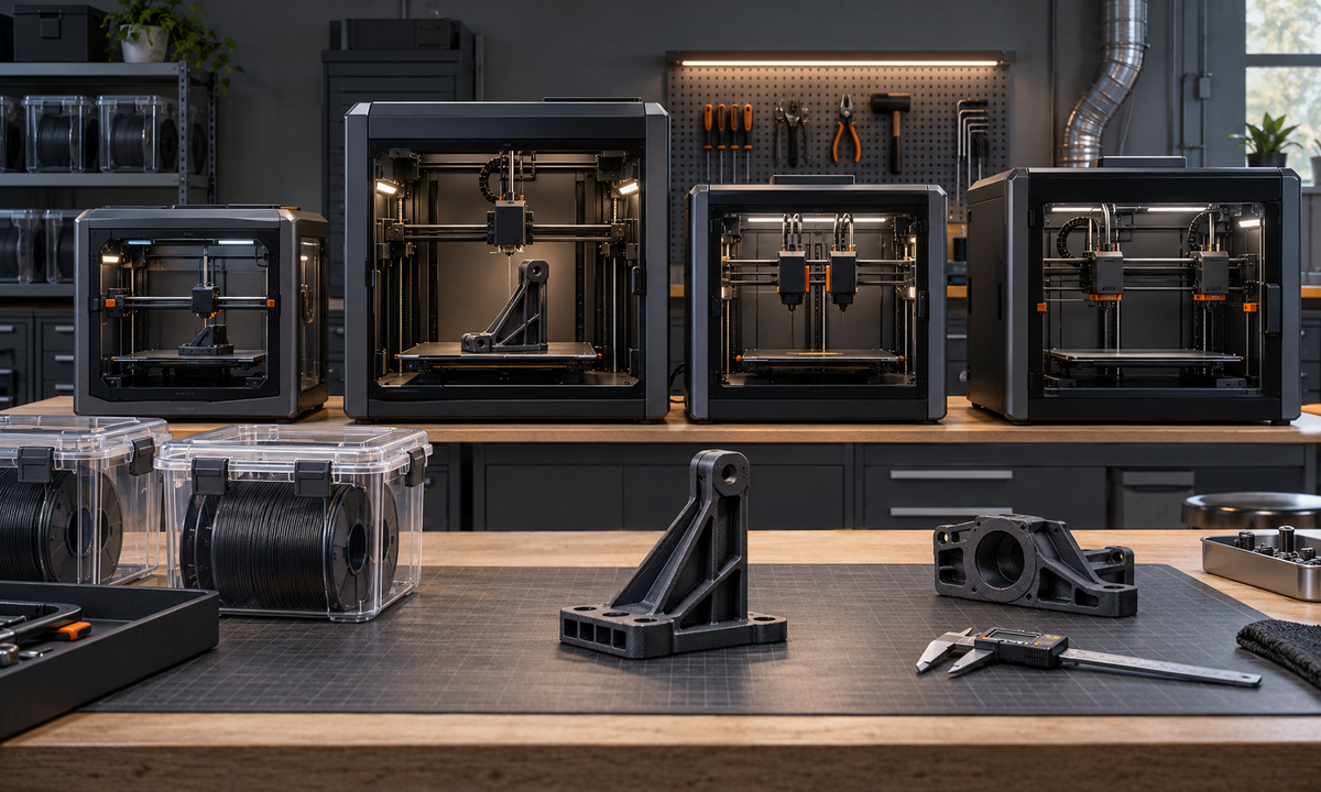 Four enclosed FDM 3D printers beside dry boxes and black carbon-fiber-reinforced nylon brackets in an engineering workshop