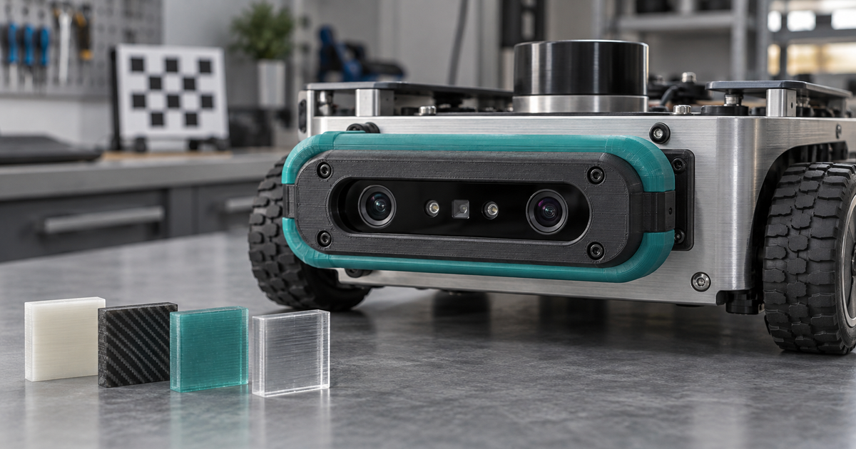 Unbranded robot depth camera protected by a charcoal 3D-printed rigid bezel and teal flexible bumper beside four material samples