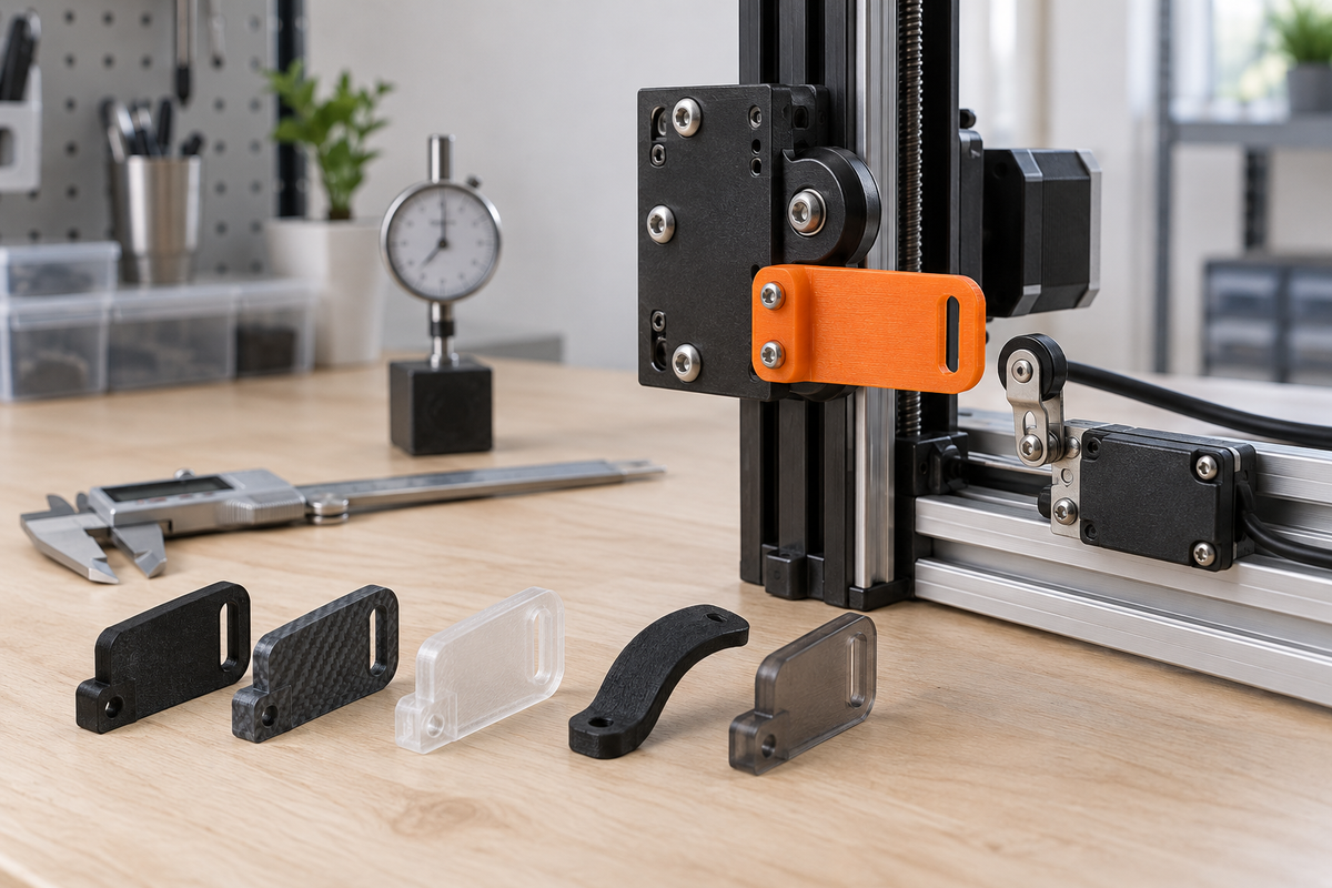 3D-printed orange limit-switch cam flag approaching a roller-lever switch on a robot axis beside nylon, PA-CF, PETG, TPU and polycarbonate samples