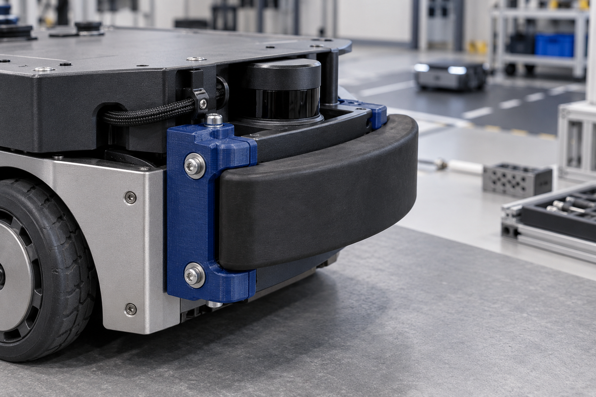 Blue 3D-printed bumper mounting bracket securing a separate black compliant bumper to a compact indoor mobile robot