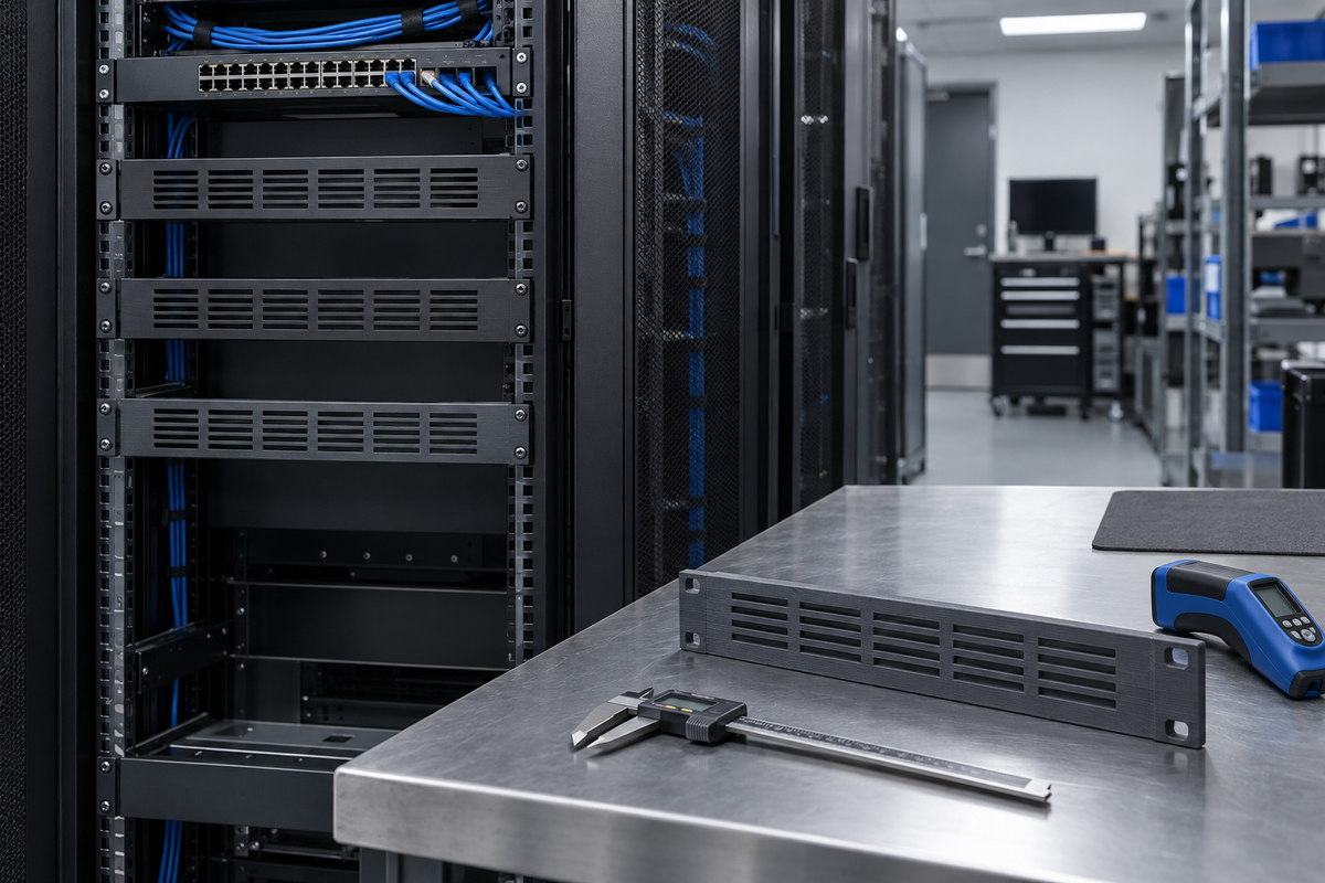 Black server rack with commercial blanking panels beside a loose dark-gray 3D-printed blanking-panel prototype, calipers, and an infrared thermometer