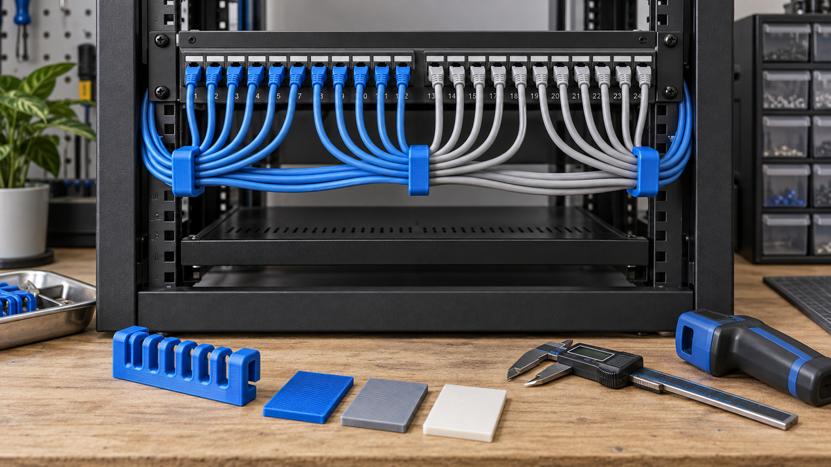 Blue 3D-printed cable combs loosely organizing blue and gray patch cords below a generic network patch panel with calipers and material coupons