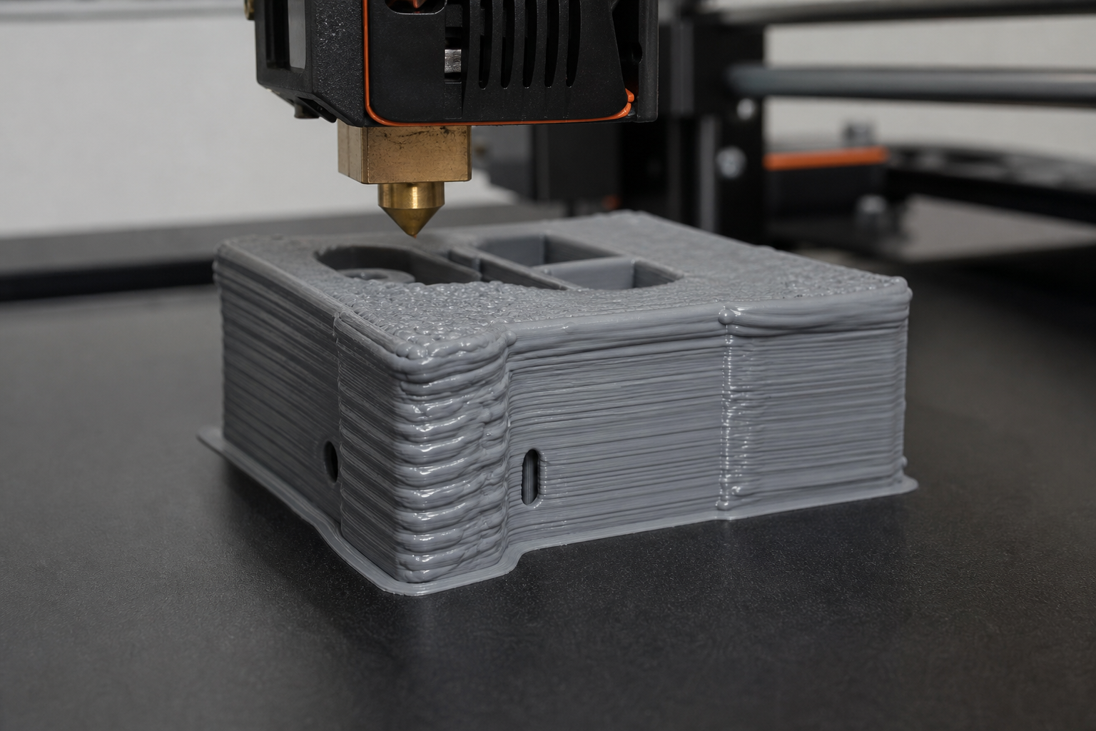 Macro view of an FDM print with swollen walls and a rough overfilled top surface caused by over-extrusion