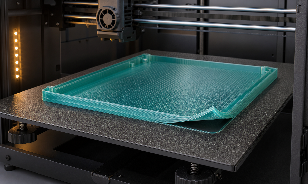 Large flat teal PETG print with one corner lifting from a textured build plate