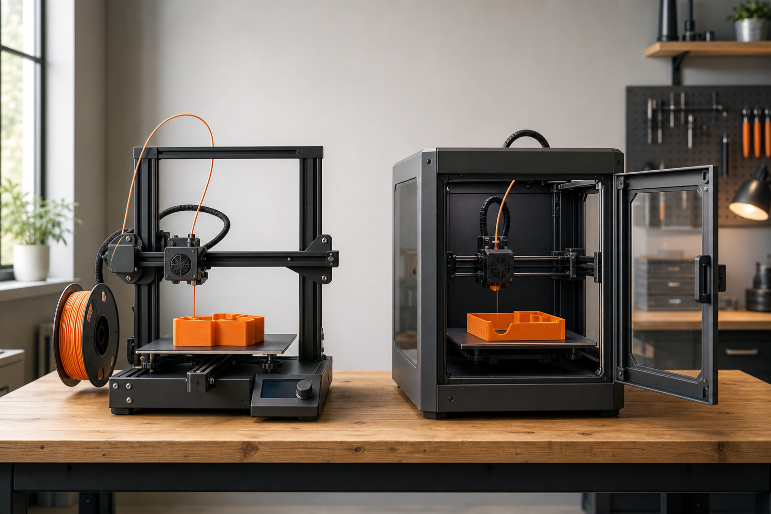Open-frame and enclosed 3D printers printing PLA side by side with the enclosure door open