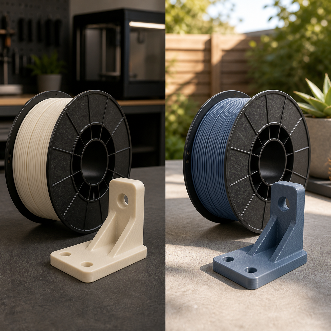 PLA and ASA filament with matching functional brackets for indoor and outdoor use