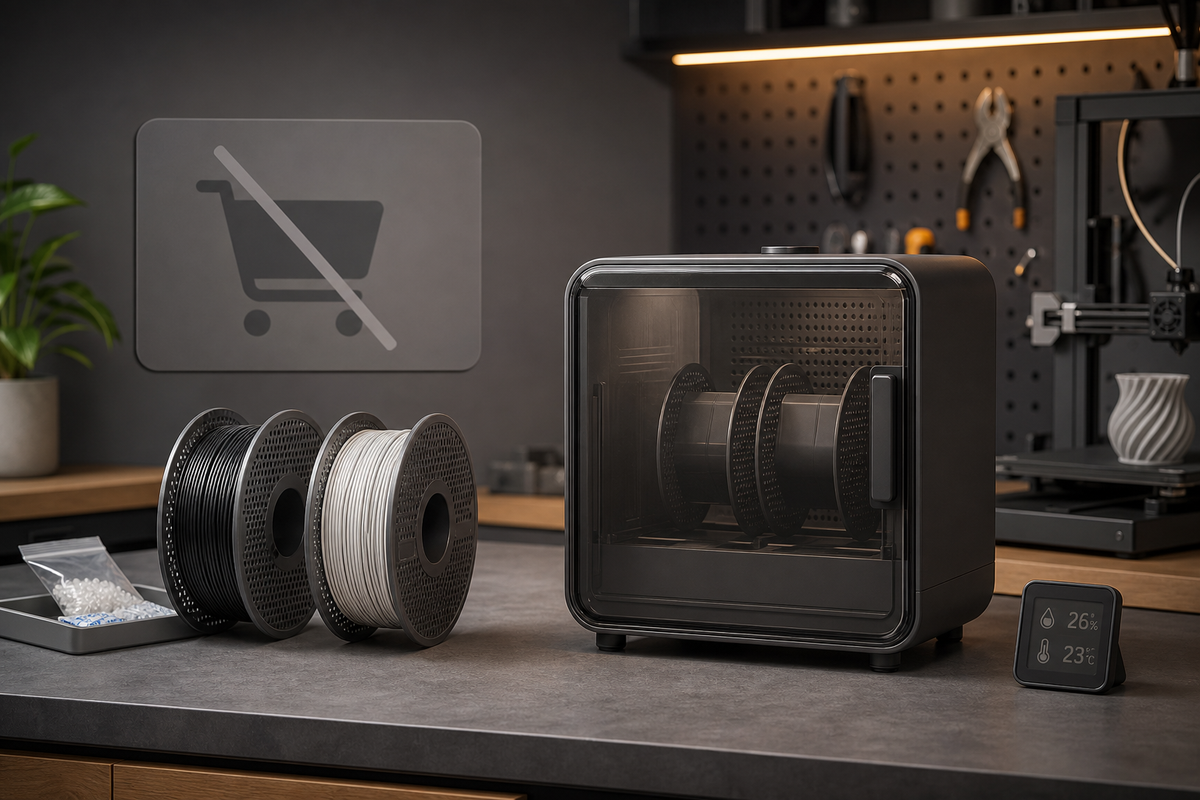 Editorial dual-spool filament-drying workflow with an unavailable purchase-path cue for the PrintDry Pro 3 review
