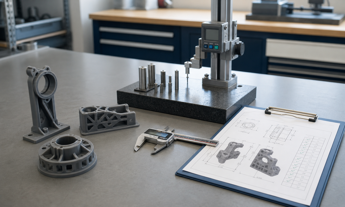 Resin 3D printed parts, a digital caliper, gauges, a granite surface plate, and a dimensional inspection sheet on a clean metrology workbench.