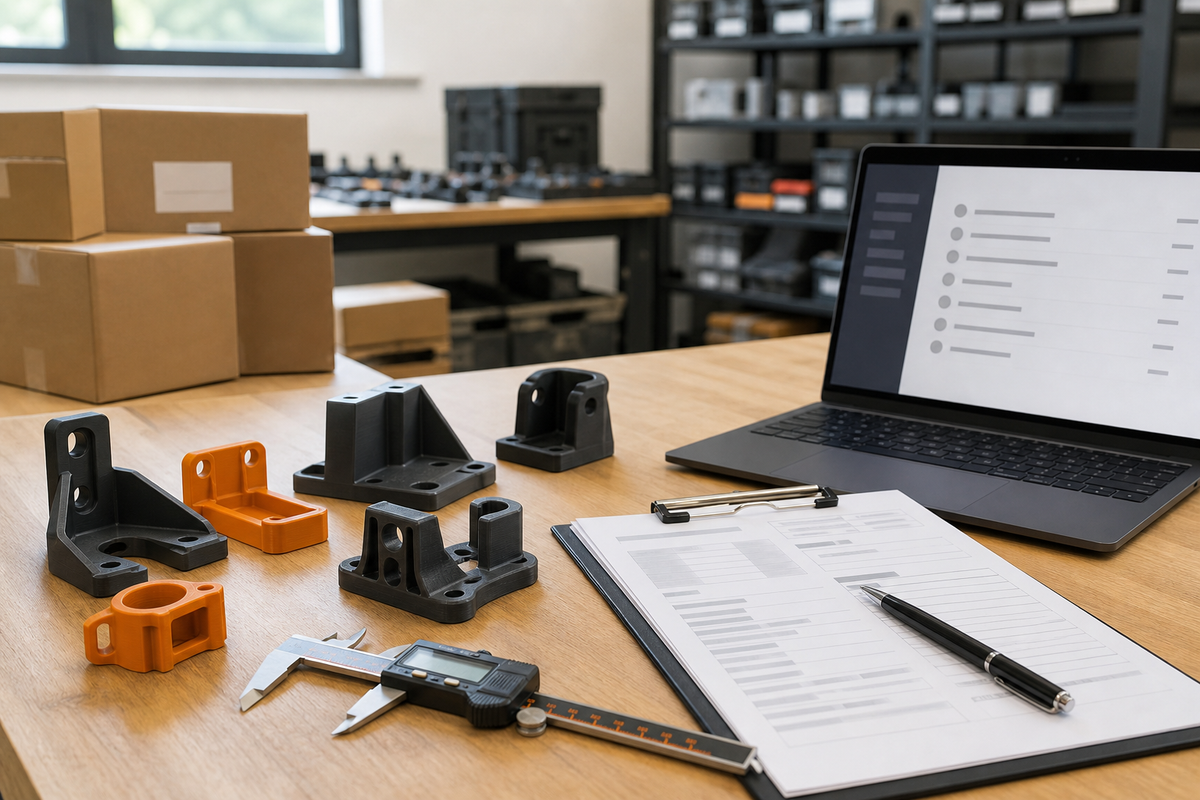 Custom 3D printed brackets, a digital caliper, order paperwork, and shipping cartons arranged on a clean production bench.