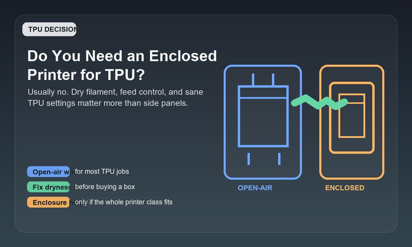 TPU enclosure decision guide comparing open-air and enclosed 3D printer workflows.