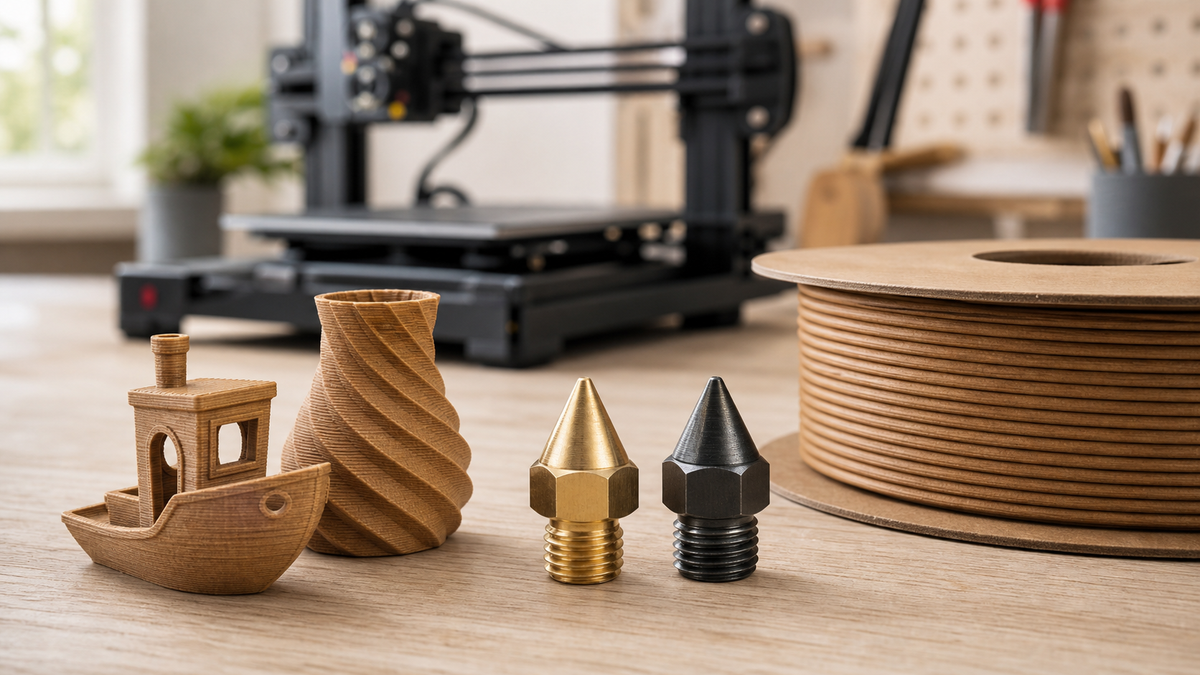 Brass and hardened 3D printer nozzles beside wood-filled PLA and wood-textured test prints