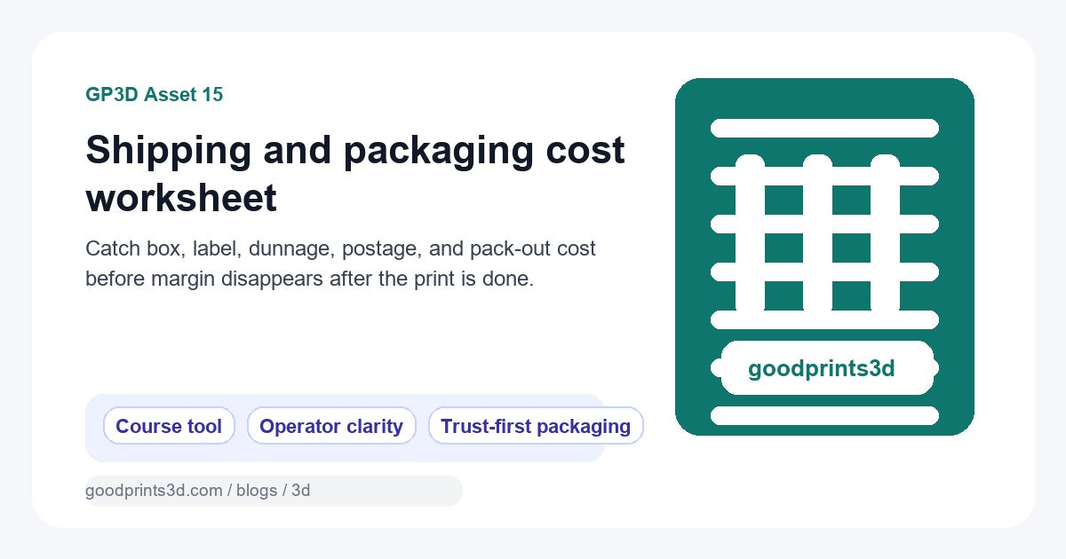 Editorial cover image for the GoodPrints shipping and packaging cost worksheet for 3D print orders.