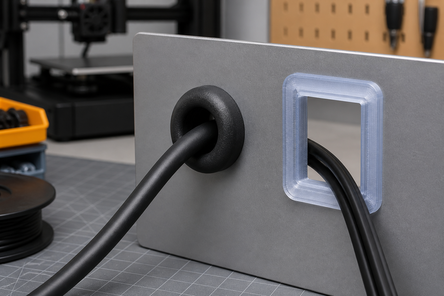 Black TPU cable grommet and translucent PETG cable pass-through frame installed in a metal panel