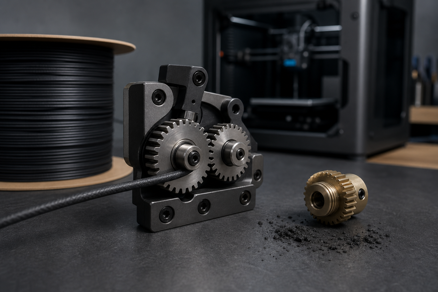 Hardened steel extruder drive gears compared with a softer feeder gear beside black carbon-fiber-filled 3D printer filament.