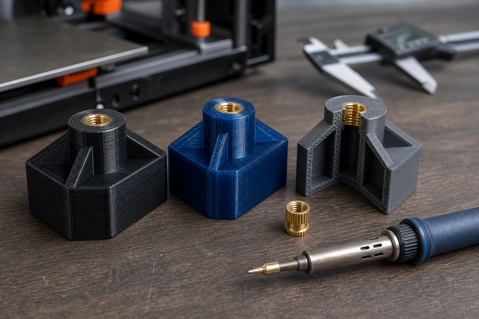PLA Pro, PETG, and ASA 3D printed test blocks with brass heat-set threaded inserts beside a temperature-controlled insertion iron.