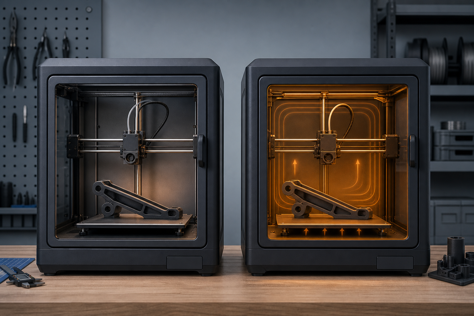 Two enclosed FDM 3D printers comparing a passive enclosure on the left with a uniformly heated build chamber on the right.