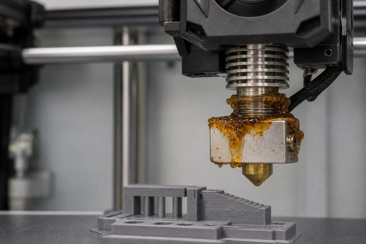 Molten amber filament leaking from the nozzle and heat-break joint around a 3D printer heater block
