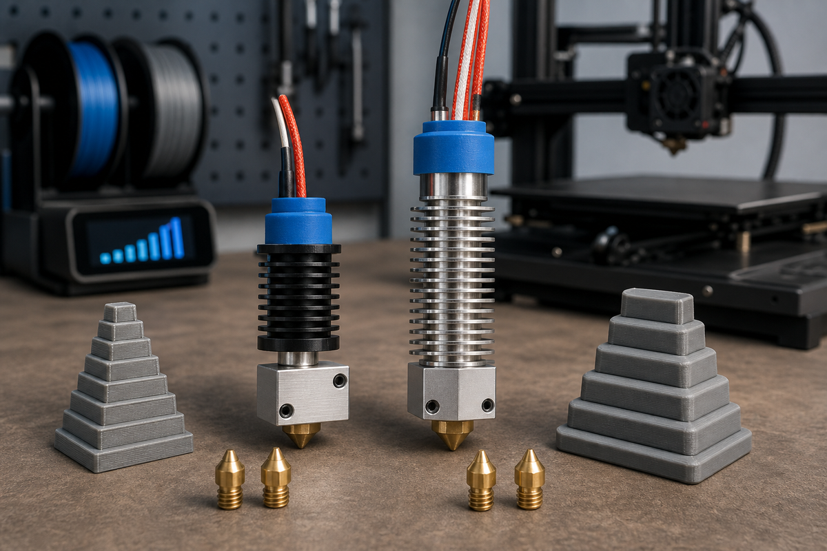 Standard and high-flow 3D printer hotends compared on a workbench beside brass nozzles and stepped extrusion test prints.